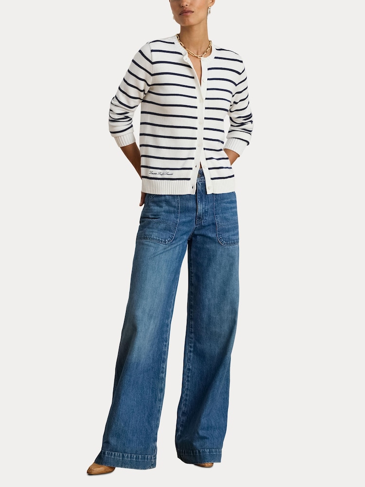 Lauren Ralph Lauren Blue Ralhan Stripe Cable Knit Crest Logo Cardigan - Image 7 of 7