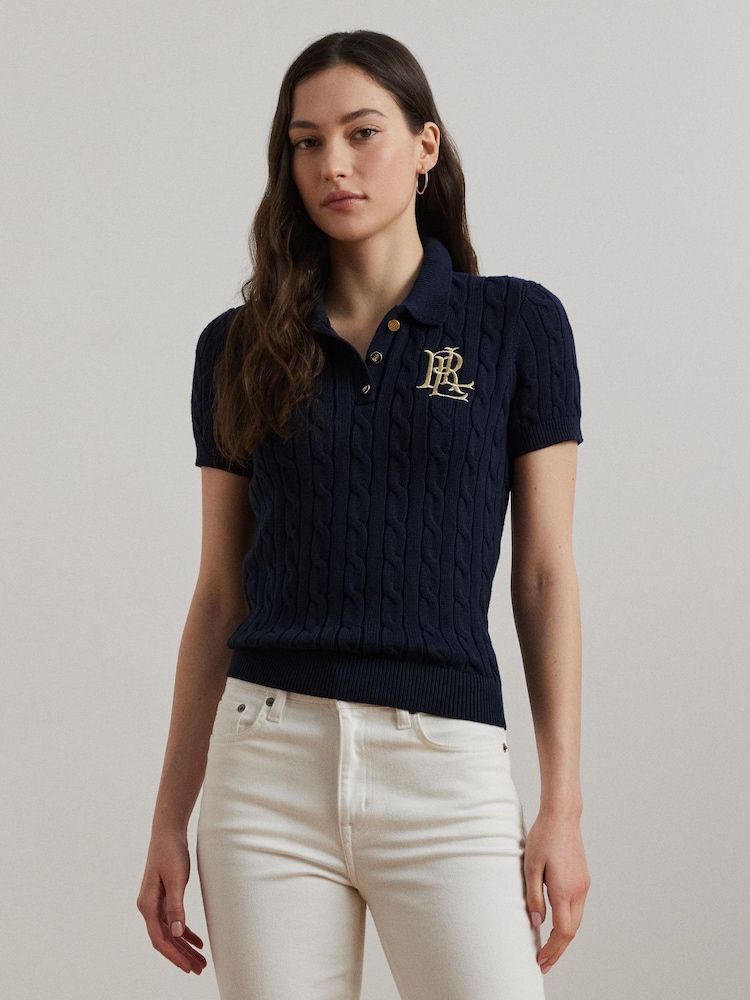 Lauren Ralph Lauren Blue Montiva Cable Knit Emboridered Logo Jumper - Image 1 of 8 Lauren Ralph Lauren Blue Montiva Cable Knit Emboridered Logo Jumper - Image 1 of 8