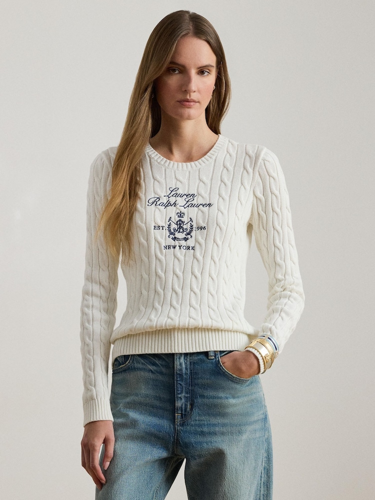 Lauren Ralph Lauren White Rinett Logo Embroidered Knit Jumper - Image 1 of 8 Lauren Ralph Lauren White Rinett Logo Embroidered Knit Jumper - Image 1 of 8