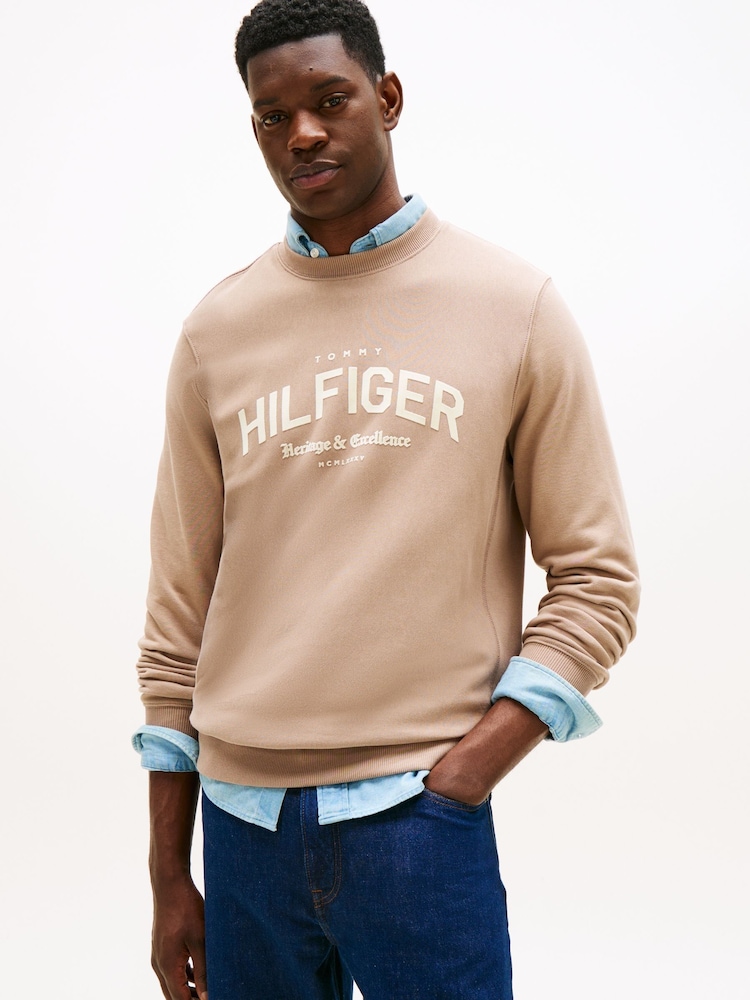 Tommy Hilfiger Brown Arch Logo Terry Crew Neck Sweatshirt - Image 1 of 5