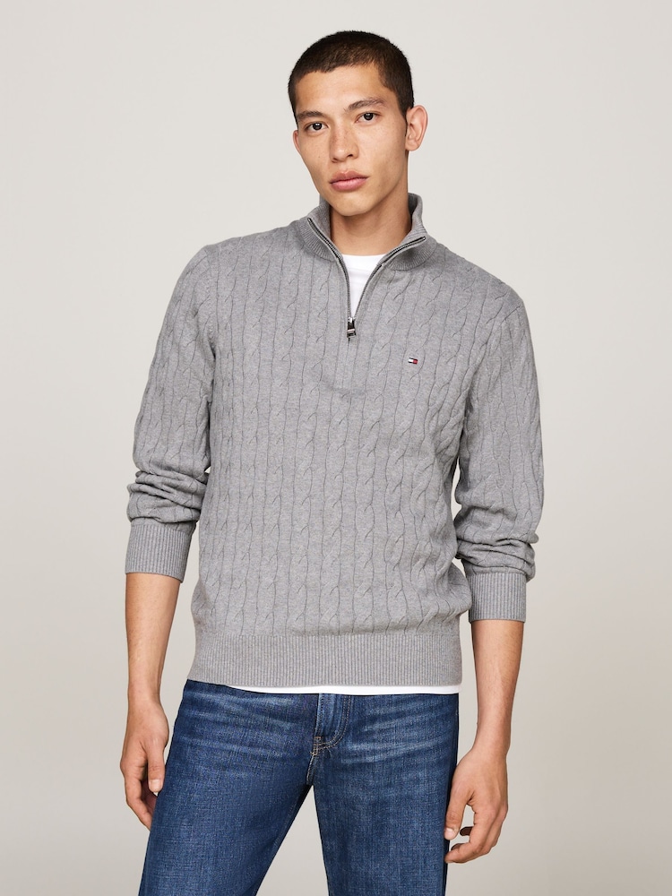 Tommy Hilfiger Grey Cable Knit Half Zip Jumper - Image 1 of 6 Tommy Hilfiger Grey Cable Knit Half Zip Jumper - Image 1 of 6