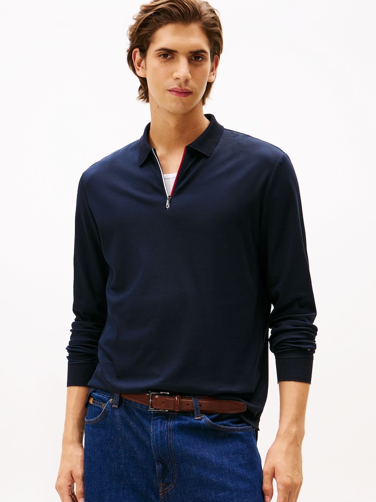 Tommy Hilfiger Blue Interlock Zip Long Sleeve Polo Shirt - Image 1 of 5