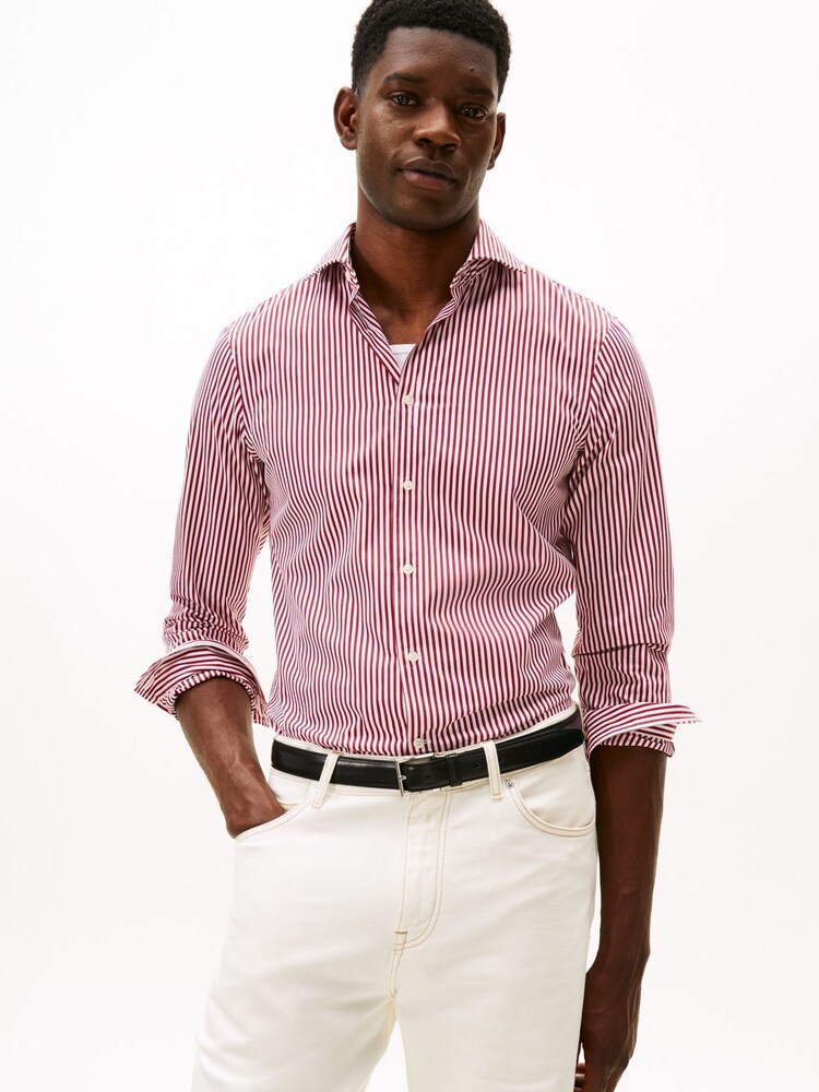 Tommy Hilfiger Red Smart Casual Slim Fit Stripe Poplin Shirt - Image 1 of 5 Tommy Hilfiger Red Smart Casual Slim Fit Stripe Poplin Shirt - Image 1 of 5