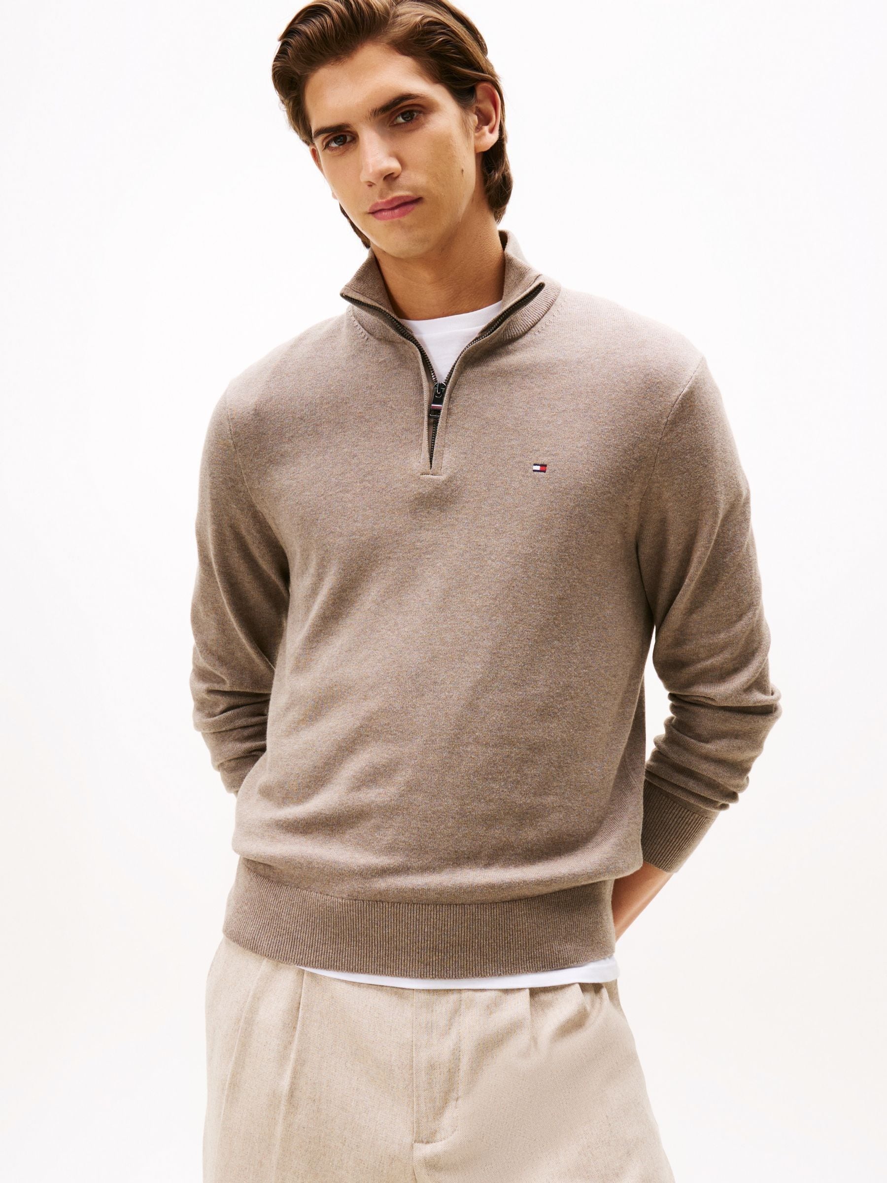 Buy Tommy Hilfiger Light Brown Mock Neck Quarter Zip Jumper With
