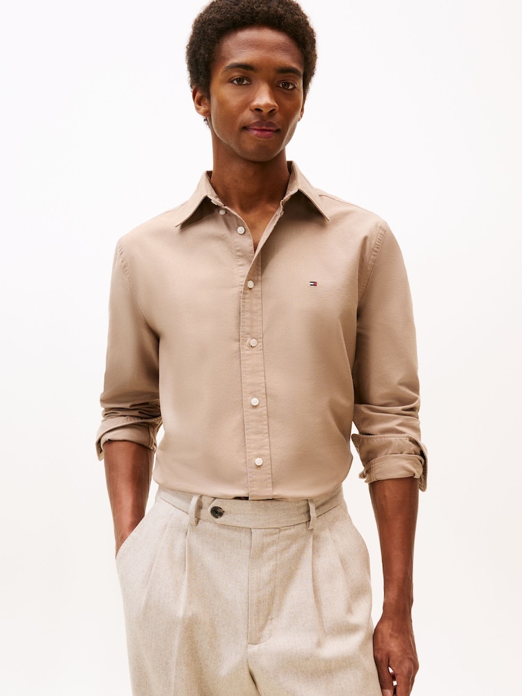 Tommy Hilfiger Brown Regular Fit Flag Embroidery Oxford Shirt - Image 1 of 5 Tommy Hilfiger Brown Regular Fit Flag Embroidery Oxford Shirt - Image 1 of 5