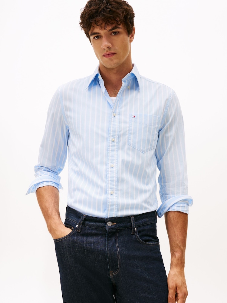 Tommy Hilfiger Blue Flex Regular Fit Stripe Shirt - Image 1 of 5 Tommy Hilfiger Blue Flex Regular Fit Stripe Shirt - Image 1 of 5