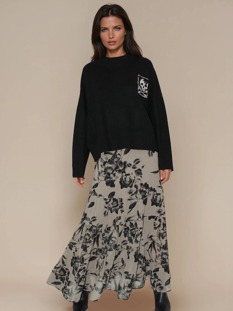Religion Natural Citrine Tiered Maxi Skirt In Black Floral On Brown Georgette - Image 1 of 6