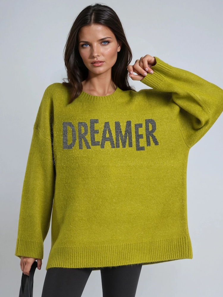 Religion Green Oversized Dreamer Jumper In Soft Yarn With Large Slogan - Image 1 of 6 Religion Green Oversized Dreamer Jumper In Soft Yarn With Large Slogan - Image 1 of 6