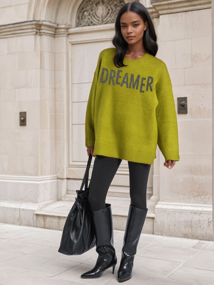 Religion Green Oversized Dreamer Jumper In Soft Yarn With Large Slogan - Image 2 of 6 Religion Green Oversized Dreamer Jumper In Soft Yarn With Large Slogan - Image 2 of 6
