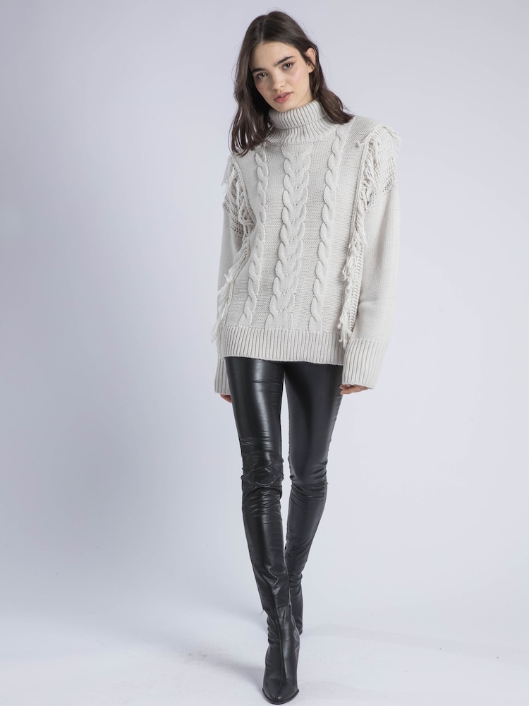 Religion Cream Oversized Jamie Roll Neck Jumper With Cable Detail And Fringing - Image 1 of 5