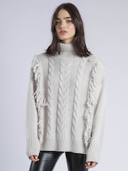 Religion Cream Oversized Jamie Roll Neck Jumper With Cable Detail And Fringing - Image 2 of 5