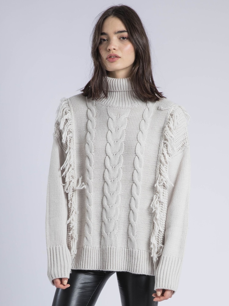 Religion Cream Oversized Jamie Roll Neck Jumper With Cable Detail And Fringing - Image 2 of 5