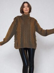 Religion Brown Oversized Jamie Roll Neck Jumper With Cable Detail And Fringing - Image 1 of 6