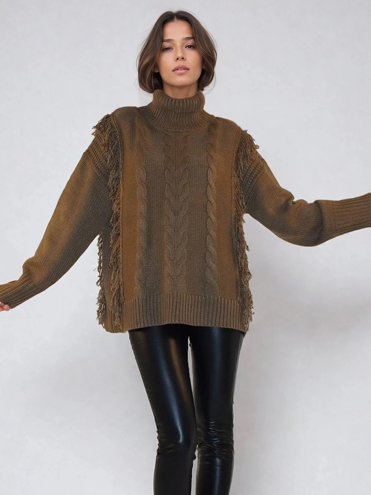 Religion Brown Oversized Jamie Roll Neck Jumper With Cable Detail And Fringing - Image 1 of 6 Religion Brown Oversized Jamie Roll Neck Jumper With Cable Detail And Fringing - Image 1 of 6