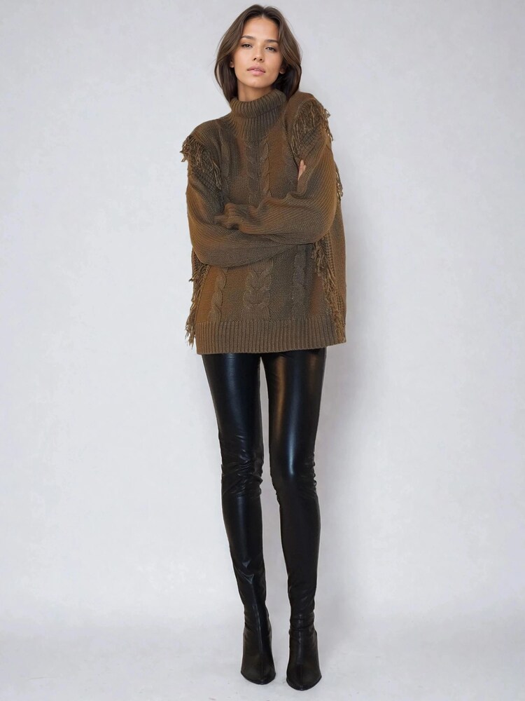 Religion Brown Oversized Jamie Roll Neck Jumper With Cable Detail And Fringing - Image 2 of 6
