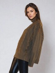 Religion Brown Oversized Jamie Roll Neck Jumper With Cable Detail And Fringing - Image 3 of 6
