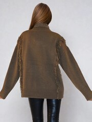 Religion Brown Oversized Jamie Roll Neck Jumper With Cable Detail And Fringing - Image 4 of 6