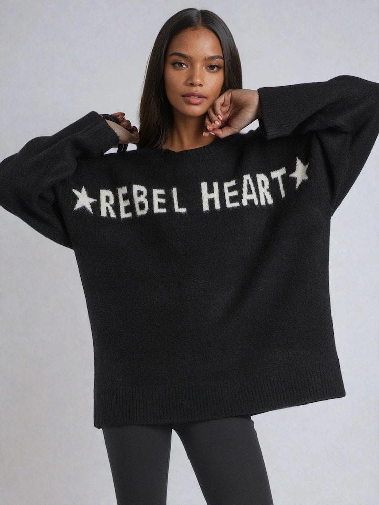 Religion Black Oversized Rebel Heart Slogan Jumper in Soft Yarn - Image 1 of 5