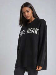Religion Black Oversized Rebel Heart Slogan Jumper in Soft Yarn - Image 2 of 5