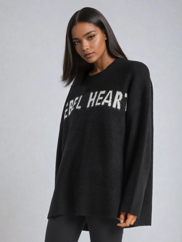 Religion Black Oversized Rebel Heart Slogan Jumper in Soft Yarn - Image 2 of 5