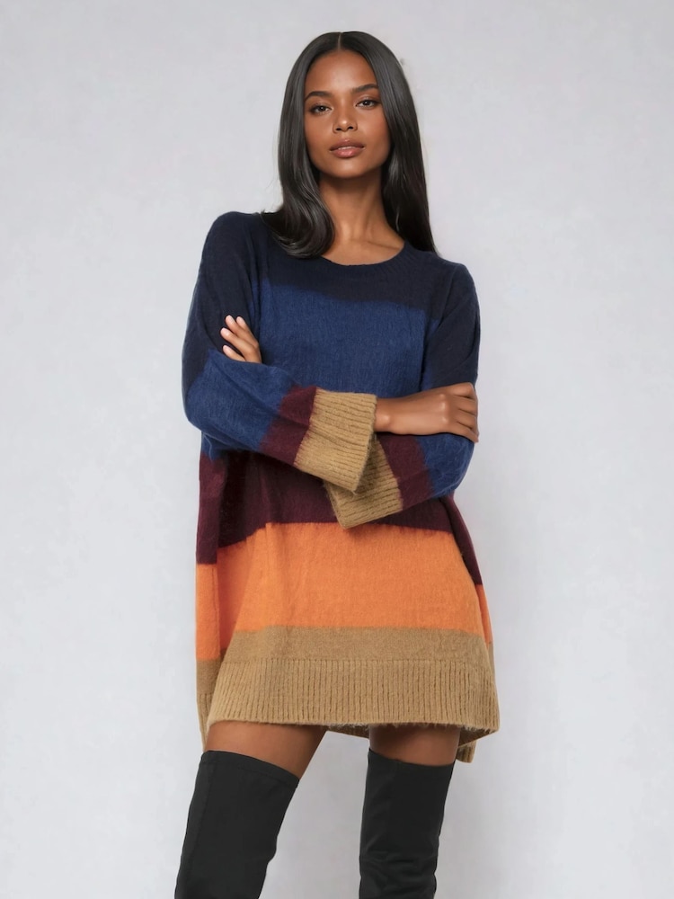 Religion Blue Crescent Jumper Tunic Dress In Block Stripes - Image 1 of 6