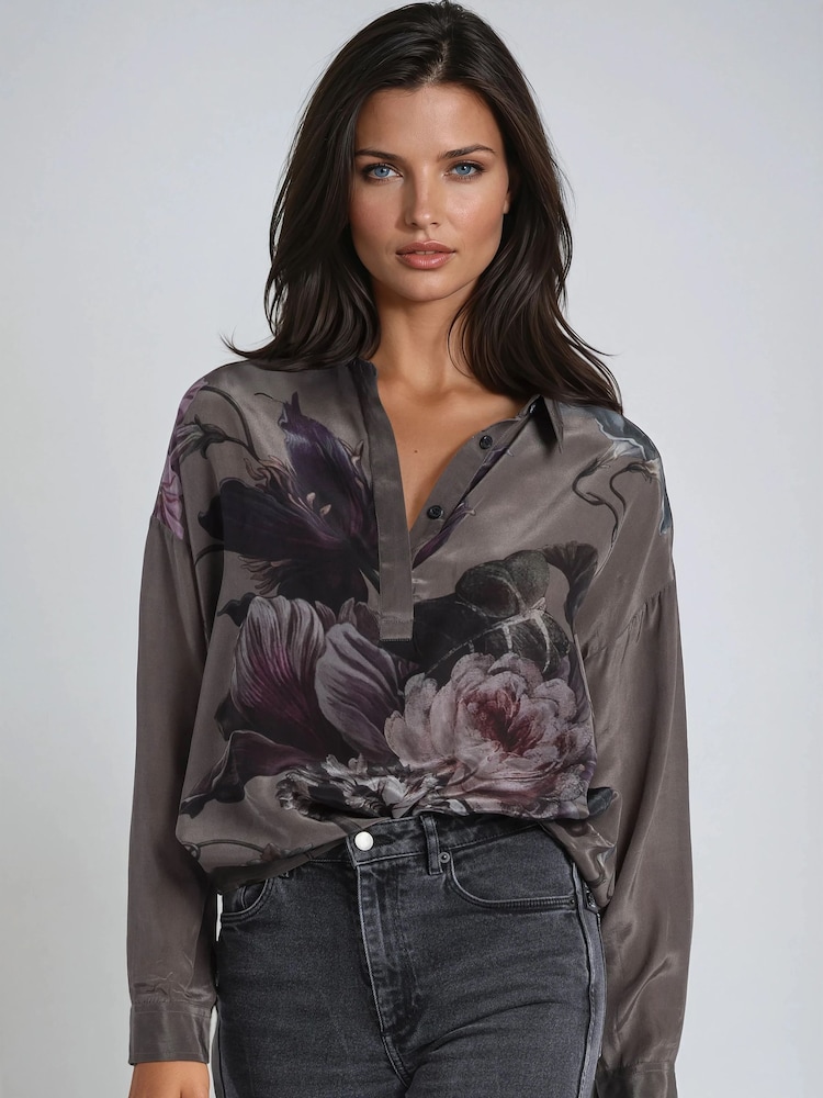 Religion Pink Loose Fit Diana Shirt In Dark Floral Taupe Green Print - Image 2 of 6 Religion Pink Loose Fit Diana Shirt In Dark Floral Taupe Green Print - Image 2 of 6
