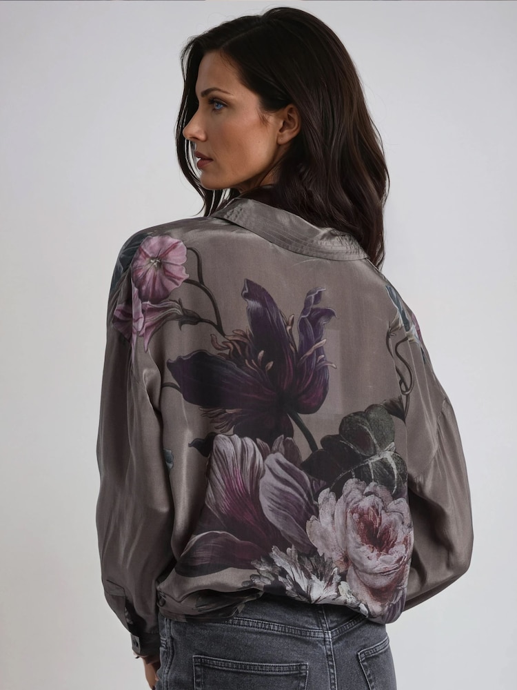 Religion Pink Loose Fit Diana Shirt In Dark Floral Taupe Green Print - Image 6 of 6