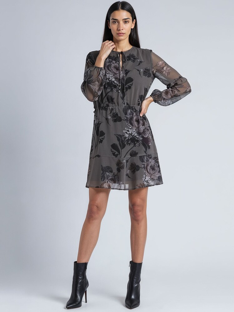 Religion Grey Aida Short Mini Shift Dress In Taupe Floral Print With Tie Waist - Image 2 of 5
