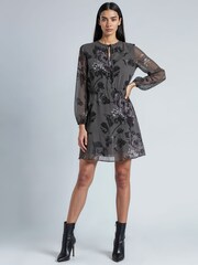 Religion Grey Aida Short Mini Shift Dress In Taupe Floral Print With Tie Waist - Image 3 of 5