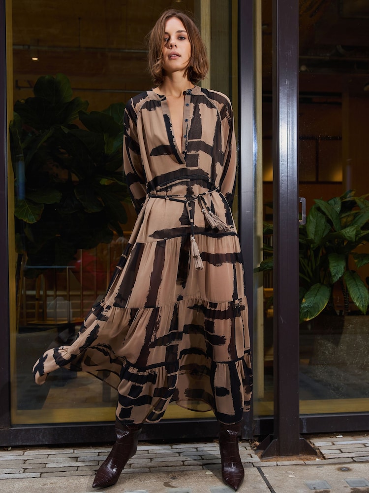 Religion Brown Loose Zoe Maxi Dress In Bold Selvage Black Stripe On Caramel - Image 8 of 8