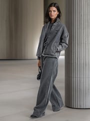 Religion Grey Eccentric Washed Denim Shirt Jacket With Embroidery And Studs - Image 1 of 6