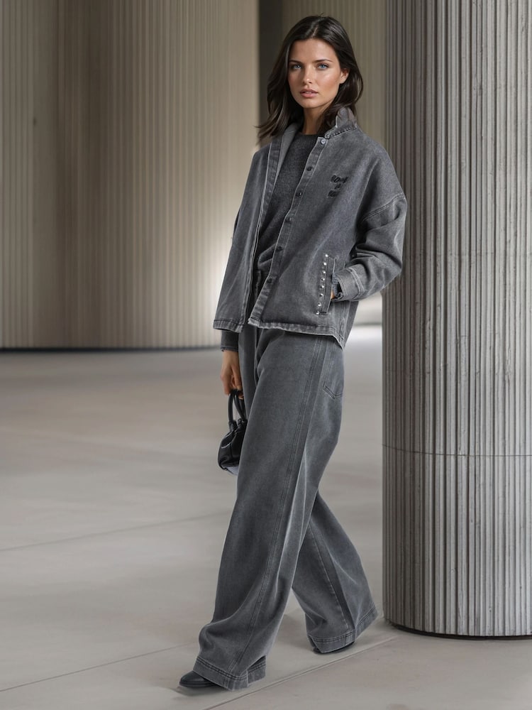 Religion Grey Eccentric Washed Denim Shirt Jacket With Embroidery And Studs - Image 1 of 6