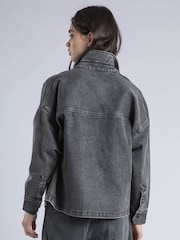 Religion Grey Eccentric Washed Denim Shirt Jacket With Embroidery And Studs - Image 3 of 6