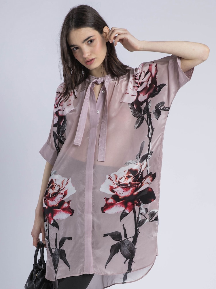 Religion Nude/Pink Diana Tunic Dress With Neck Tie In Rose Heart Print - Image 2 of 6