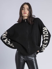 Religion Black Phoebe Zip Through Cardigan With Rock and Roll Star Slogans On Sleeve - Image 1 of 6