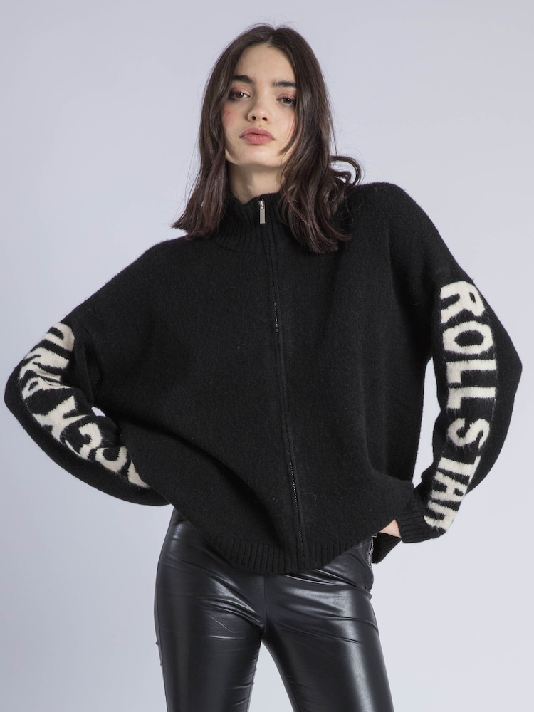 Religion Black Phoebe Zip Through Cardigan With Rock and Roll Star Slogans On Sleeve - Image 1 of 6