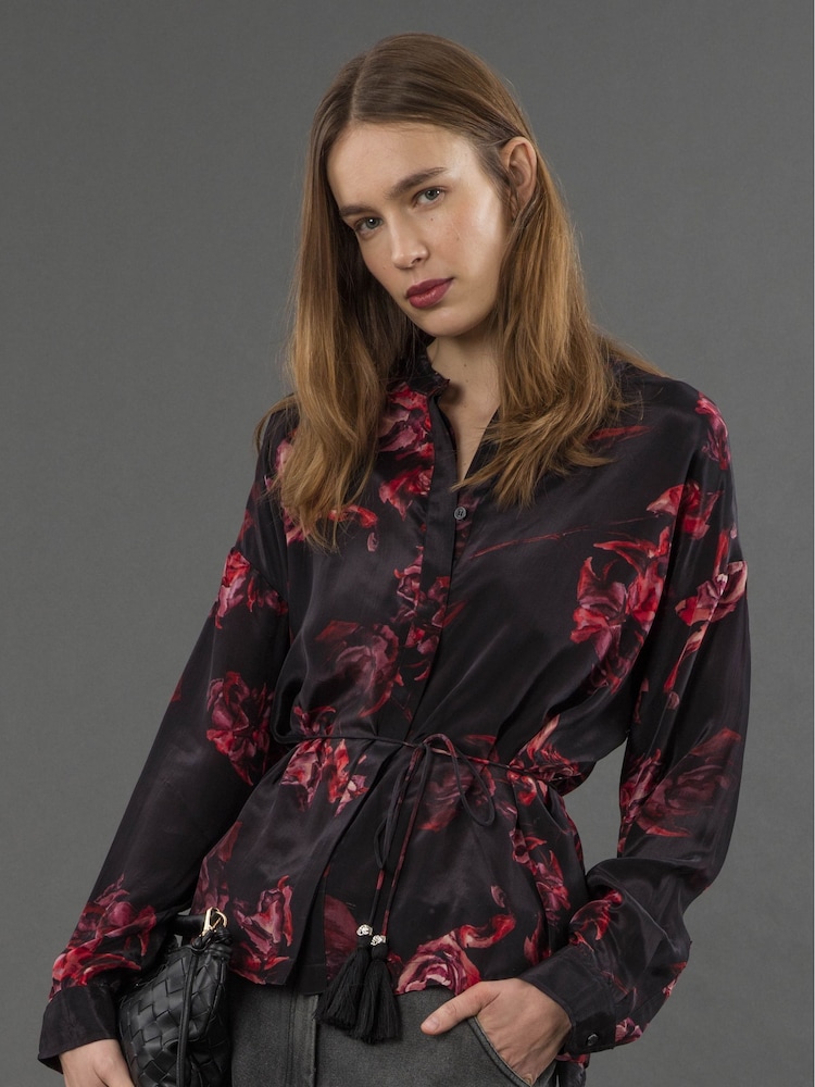 Religion Red Lola Long Line Shirt With Tie Waist Floral Print - Image 2 of 6 Religion Red Lola Long Line Shirt With Tie Waist Floral Print - Image 2 of 6