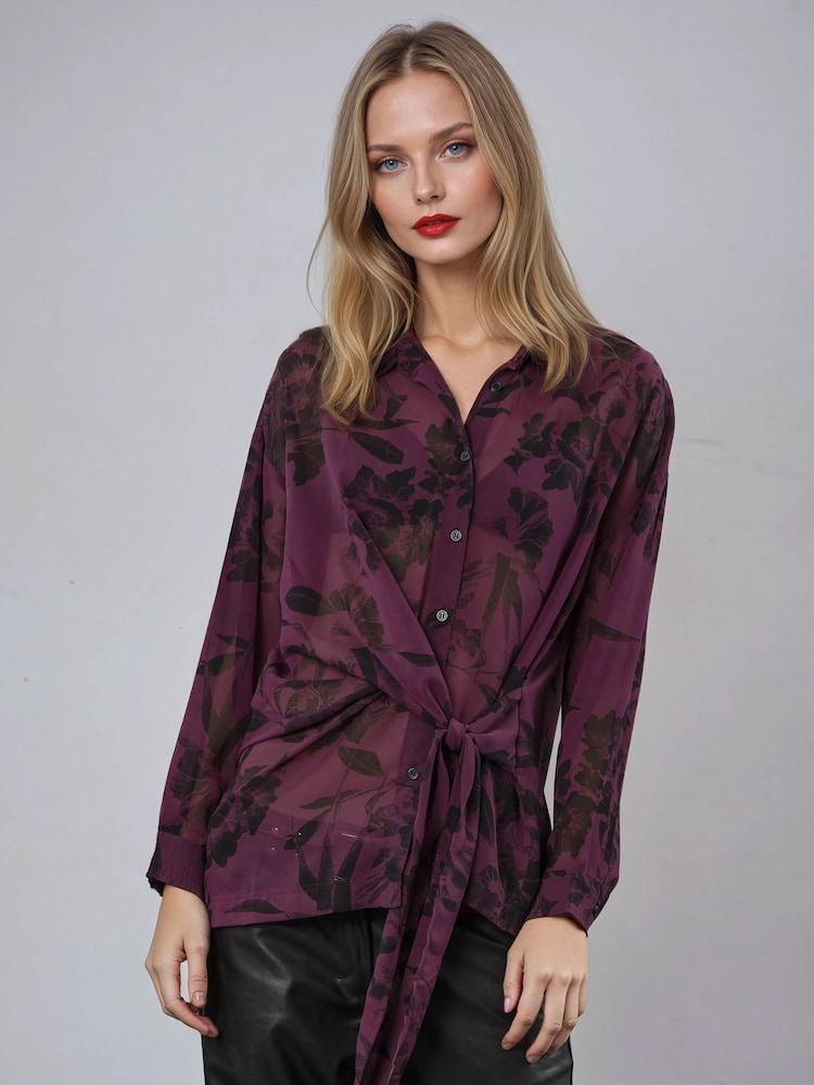 Religion Purple Freya Tie Front Shirt In Sheer Floral Print - Image 1 of 5