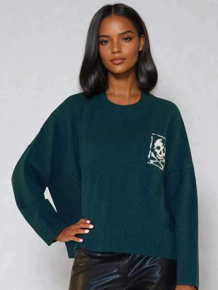 Religion Green Luscious Jumper with Skull & Cross Bone Jacquard - Image 1 of 6