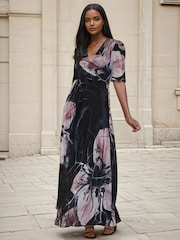 Religion Black Short Sleeve Florence Maxi Dress In Flattering Fit With Large Dark Floral - Image 1 of 6