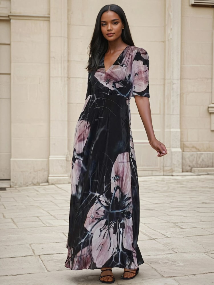 Religion Black Short Sleeve Florence Maxi Dress In Flattering Fit With Large Dark Floral - Image 1 of 6