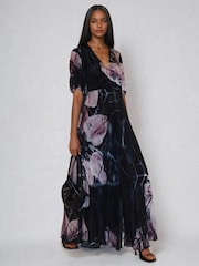 Religion Black Short Sleeve Florence Maxi Dress In Flattering Fit With Large Dark Floral - Image 2 of 6