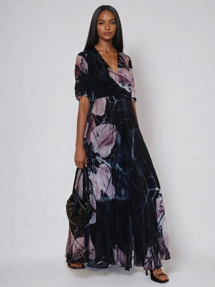 Religion Black Short Sleeve Florence Maxi Dress In Flattering Fit With Large Dark Floral - Image 2 of 6