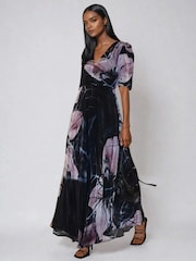 Religion Black Short Sleeve Florence Maxi Dress In Flattering Fit With Large Dark Floral - Image 3 of 6