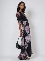Religion Black Short Sleeve Florence Maxi Dress In Flattering Fit With Large Dark Floral - Image 5 of 6