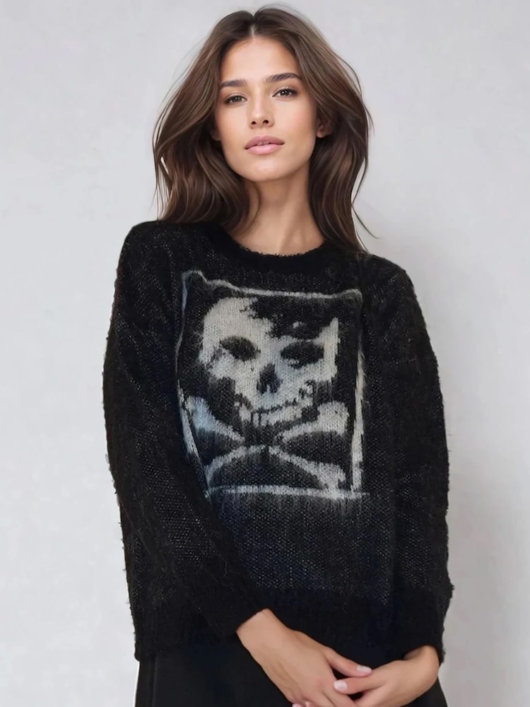Religion Black Toxic Crew Neck Jumper with Skull in Fluffy Yarn - Image 1 of 6