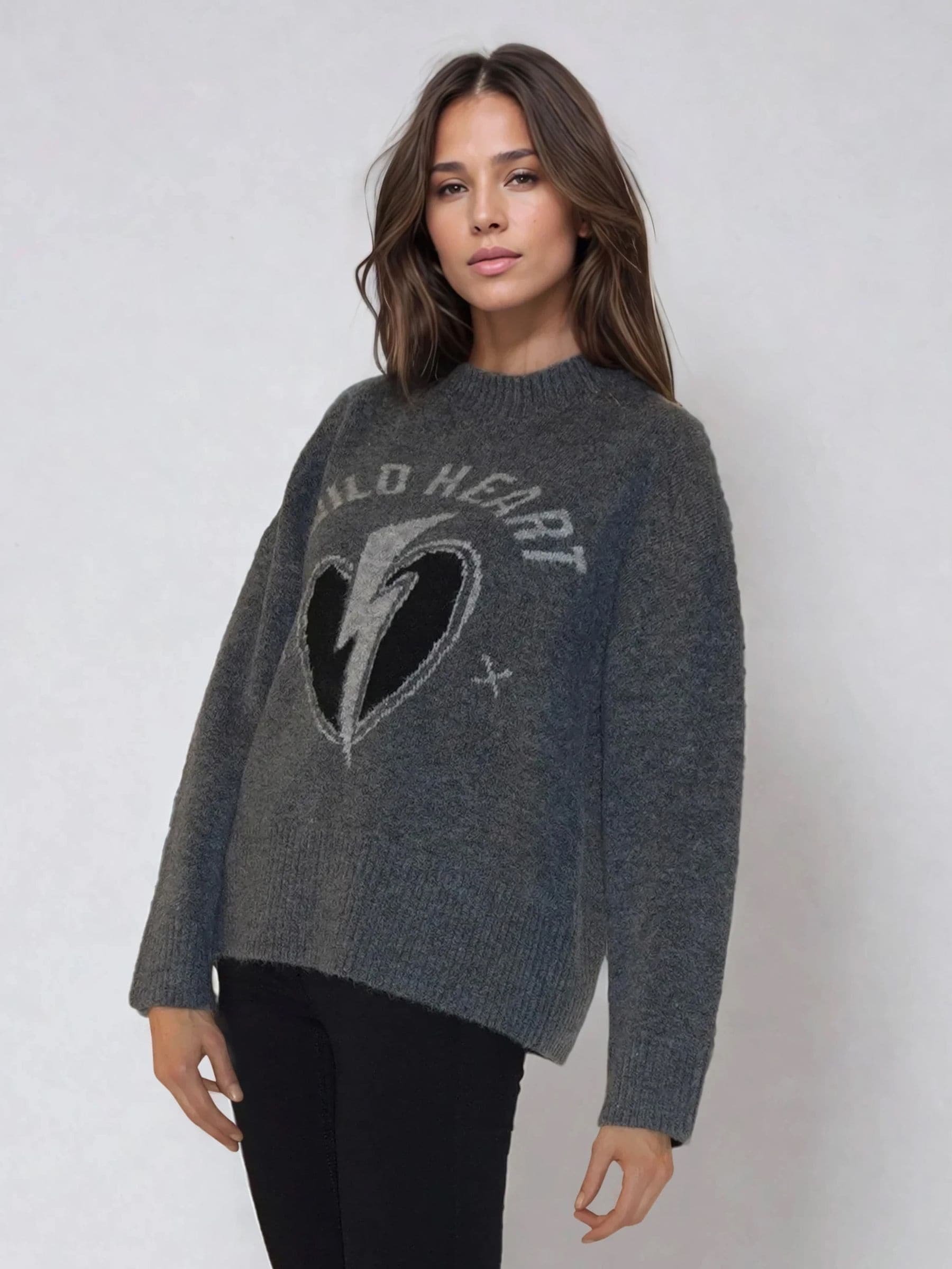 Buy Religion Charcoal Grey Wild Heart Crew Neck Jumper from the