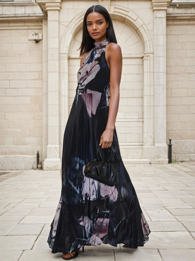 Religion Black Florence Halterneck Maxi Dress With Sash Detail In Dark Floral - Image 1 of 6 Religion Black Florence Halterneck Maxi Dress With Sash Detail In Dark Floral - Image 1 of 6