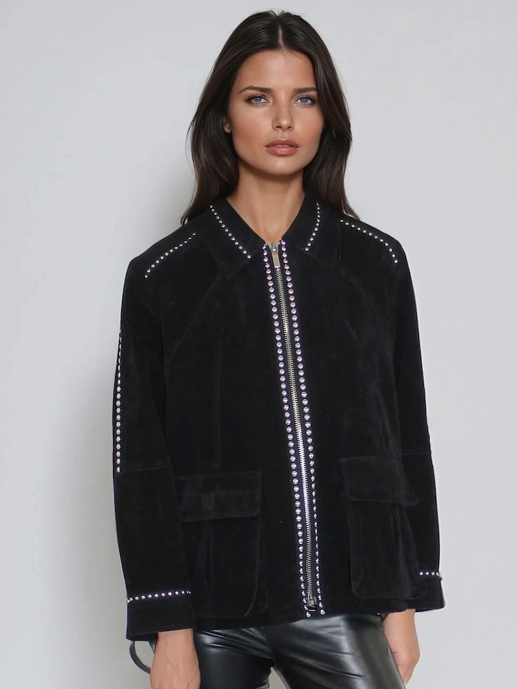 Religion Black Norah Suede Biker Style Jacket With Studs And Large Shirt Collar - Image 2 of 10