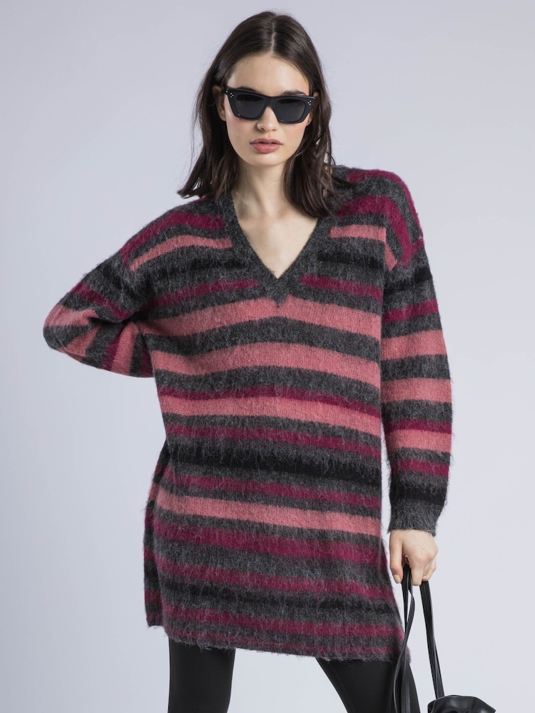 Religion Grey Saint Jumper V-Neck Jumper Dress in Multistripe - Image 1 of 6 Religion Grey Saint Jumper V-Neck Jumper Dress in Multistripe - Image 1 of 6